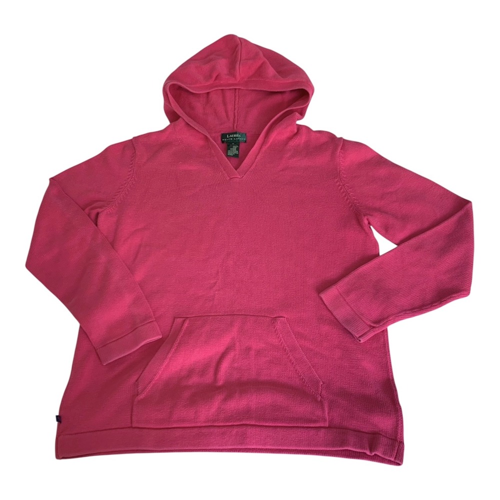 VTG Lauren‎ Ralph Lauren Knit Hoodie Sweater Women M Pink Cotton Preppy Barbie